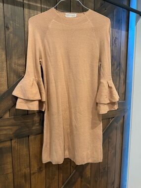 Anthropologie Camel Ruffle-Sleeve Mini Dress